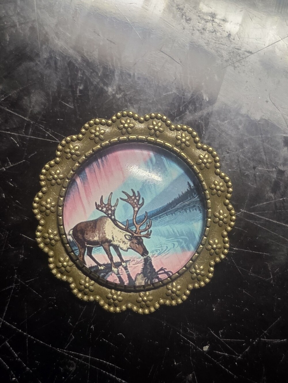 Bronze Tone Brooch With Deer In Forest W Morning Pink Sky Beautiful Nature Scene